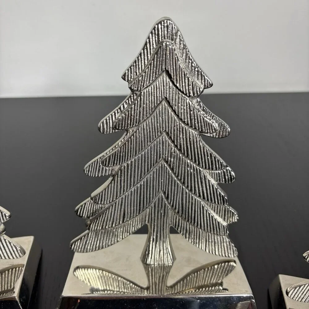 CRATE & BARREL Lot 4 Silver Tone Metal Christmas Tree Stocking Hangers/Holders